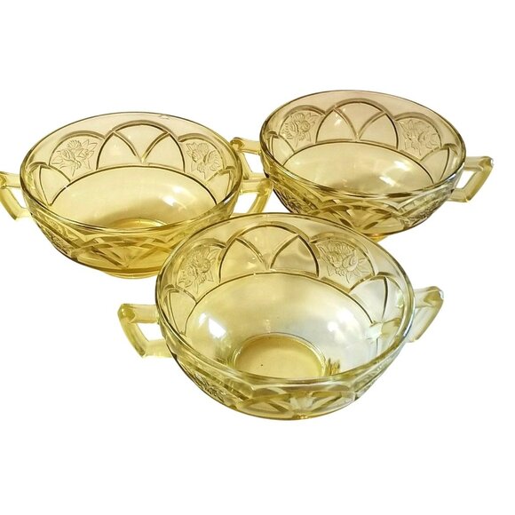 Rosemary 3 Double Handle Soup Bowl Amber Yellow  Dutch Rose Federal Depression - Picture 1 of 5